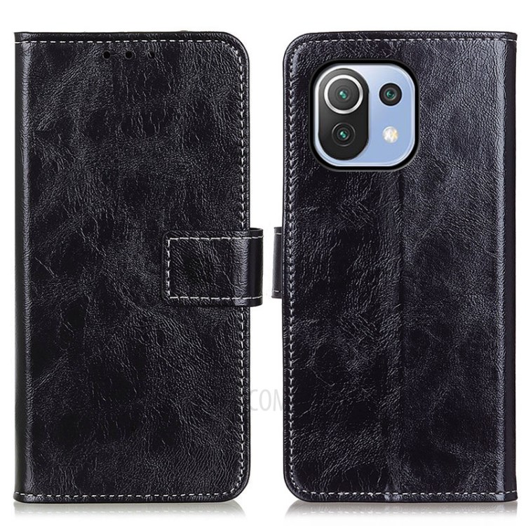 KHAZNEH Vintage Style Crazy Horse Texture Wallet Stand PU Leather Phone Shell Case for Xiaomi Mi 11 Lite 4G / 5G - Black-1