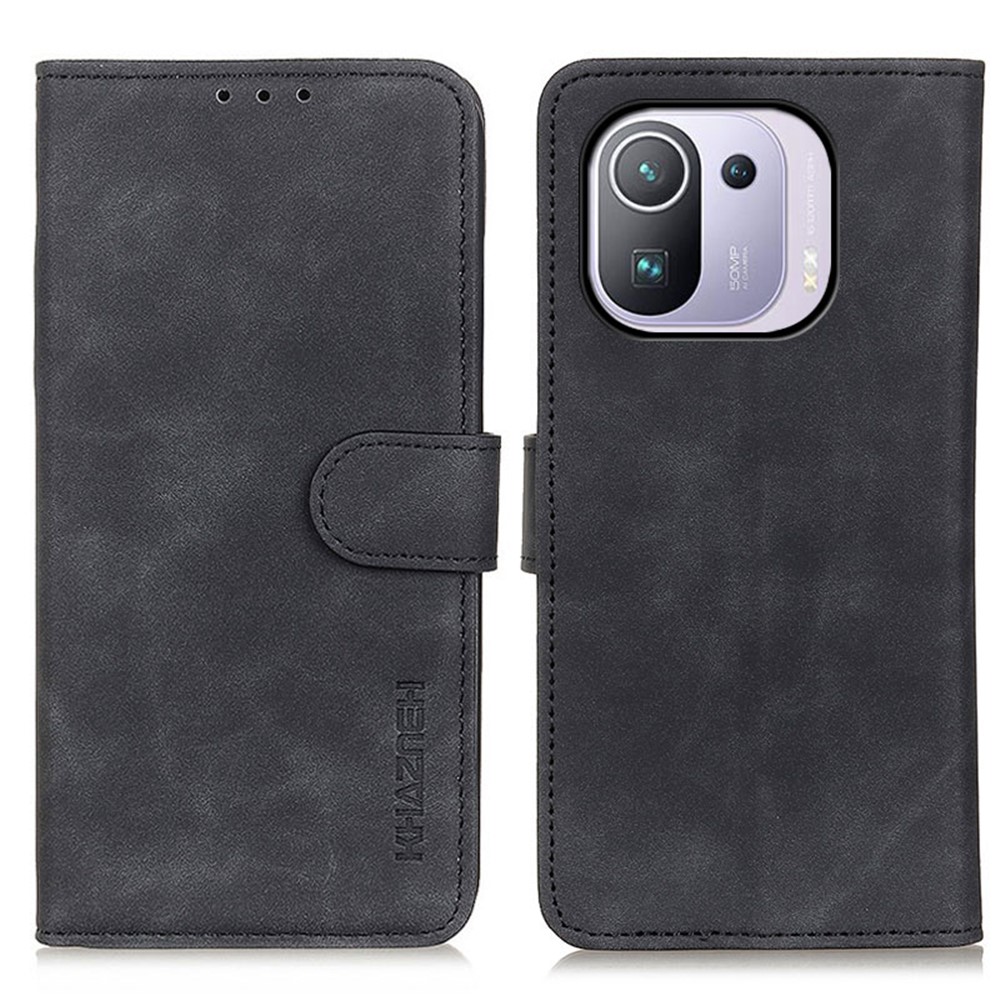KHAZNEH Wallet Stand Design Retro Grain Style PU Leather Phone Case for Xiaomi Mi 11 Pro - Black-1