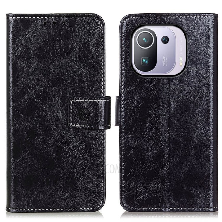 Retro Crazy Horse Texture Leather Phone Protective Case Wallet Stand for Xiaomi Mi 11 Pro - Black-1