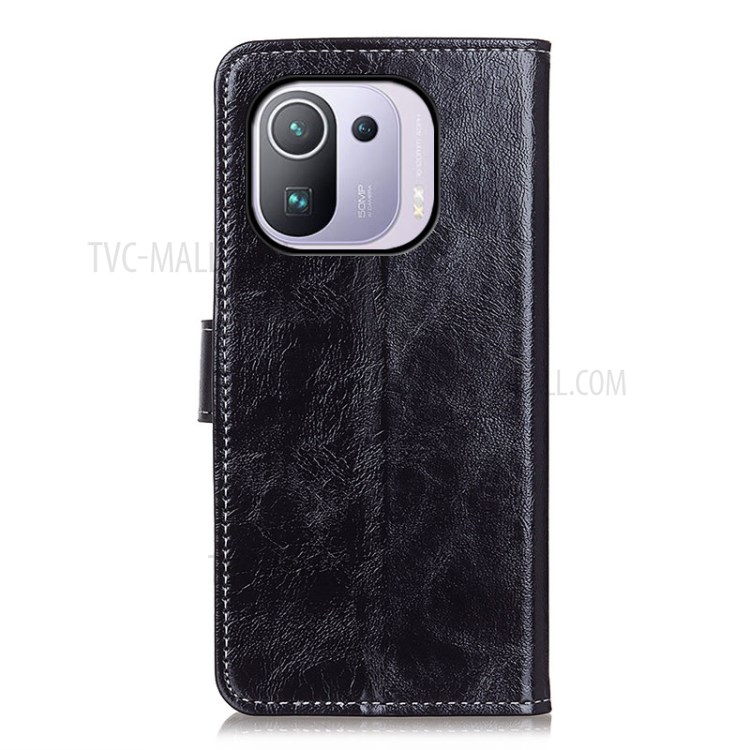 Retro Crazy Horse Texture Leather Phone Protective Case Wallet Stand for Xiaomi Mi 11 Pro - Black-3