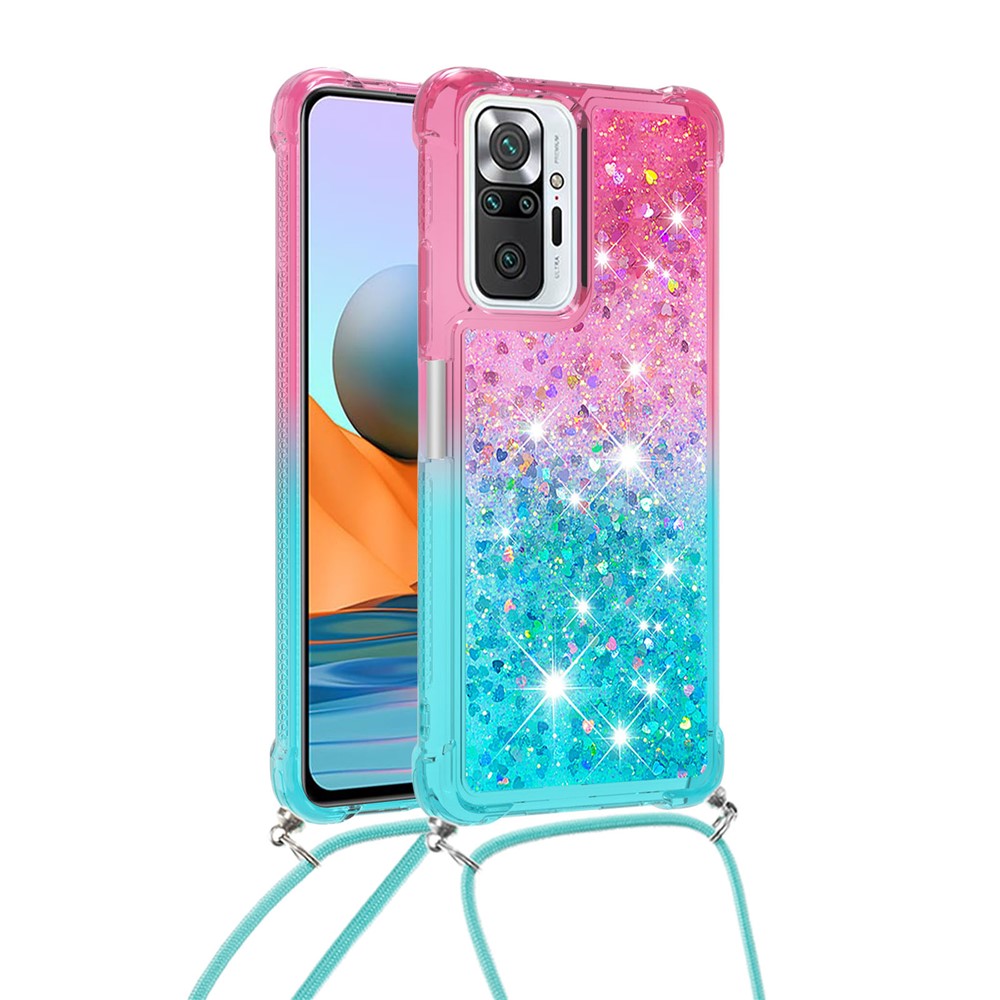 Gradient Glitter Powder Quicksand Shockproof TPU Phone Case Shell with Lanyard for Xiaomi Redmi Note 10 Pro Max - Pink / Sky Blue-1