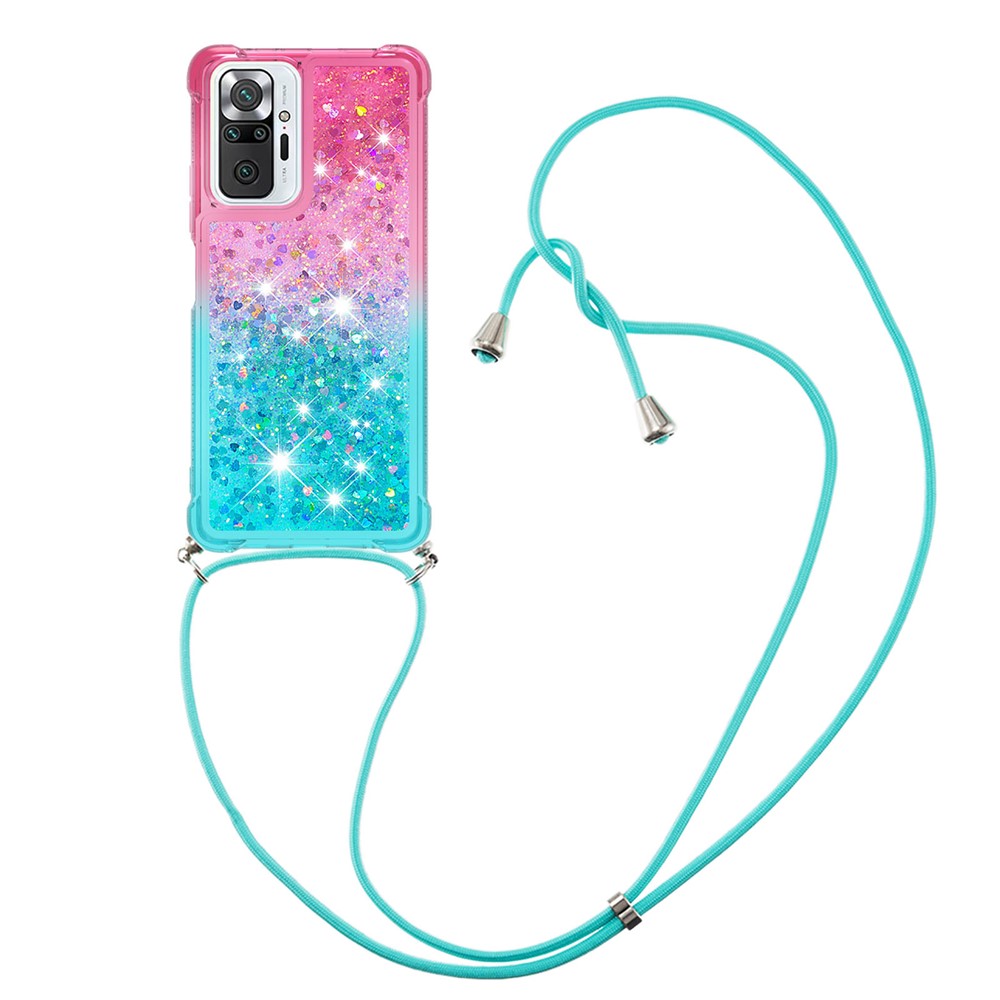 Gradient Glitter Powder Quicksand Shockproof TPU Phone Case Shell with Lanyard for Xiaomi Redmi Note 10 Pro Max - Pink / Sky Blue-3