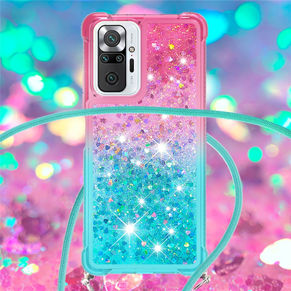 Gradient Glitter Powder Quicksand Shockproof TPU Phone Case Shell with Lanyard for Xiaomi Redmi Note 10 Pro Max - Pink / Sky Blue-4