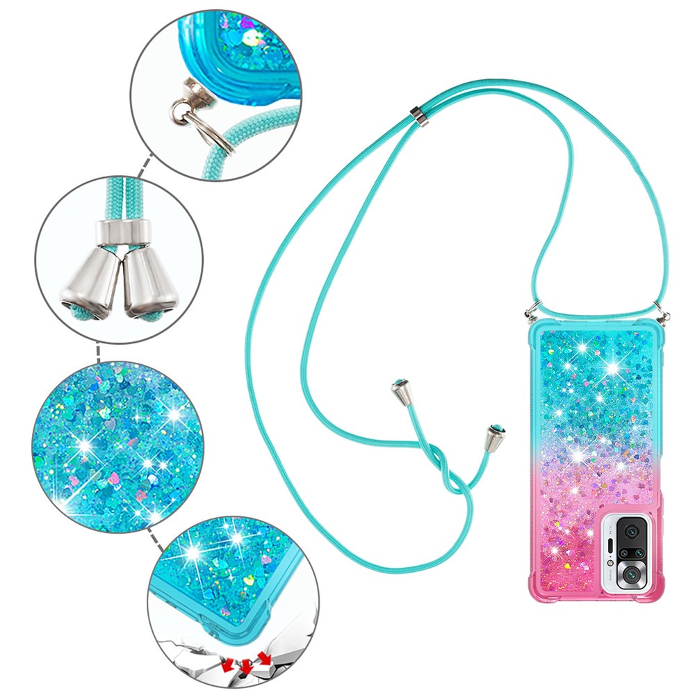 Gradient Glitter Powder Quicksand Shockproof TPU Phone Case Shell with Lanyard for Xiaomi Redmi Note 10 Pro Max - Pink / Sky Blue-5