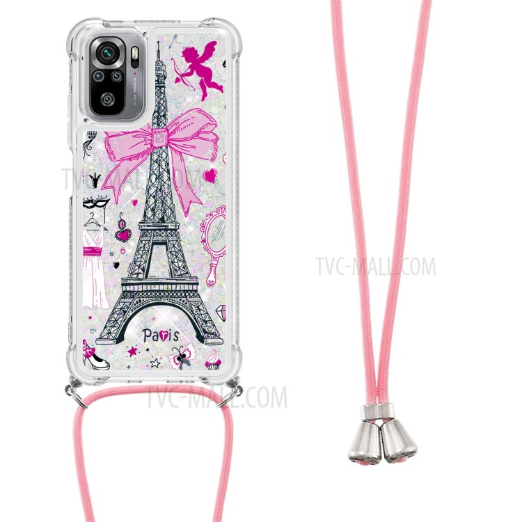 Pattern Printed Glitter Sequins Quicksand TPU Phone Case Cover with Lanyard for Xiaomi Redmi Note 10 4G/Note 10S - Tower-2