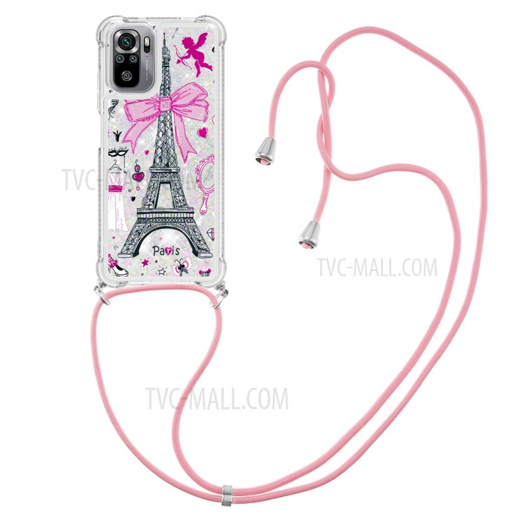 Pattern Printed Glitter Sequins Quicksand TPU Phone Case Cover with Lanyard for Xiaomi Redmi Note 10 4G/Note 10S - Tower-3
