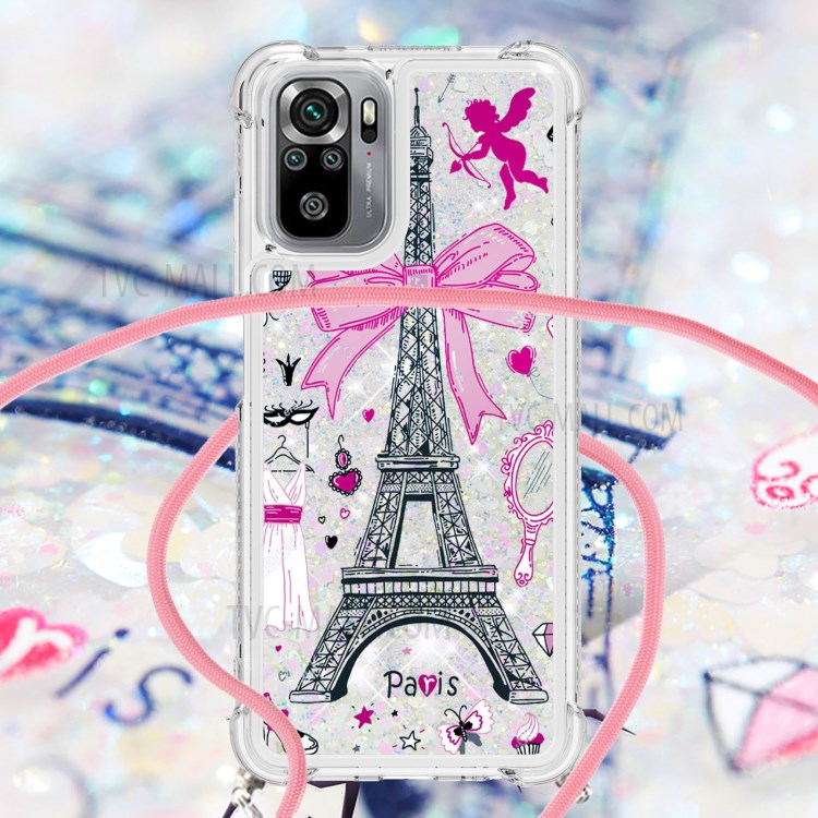 Pattern Printed Glitter Sequins Quicksand TPU Phone Case Cover with Lanyard for Xiaomi Redmi Note 10 4G/Note 10S - Tower-4