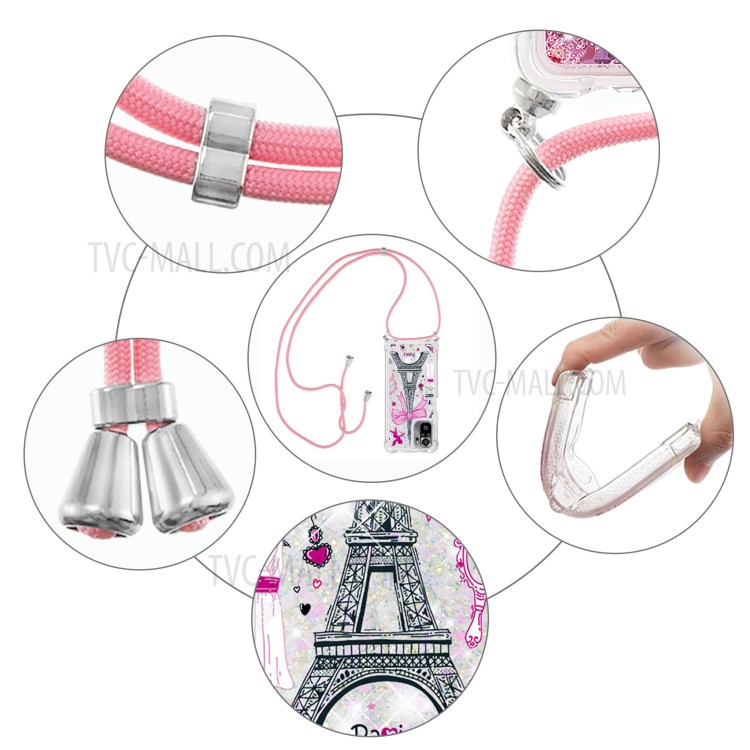 Pattern Printed Glitter Sequins Quicksand TPU Phone Case Cover with Lanyard for Xiaomi Redmi Note 10 4G/Note 10S - Tower-5