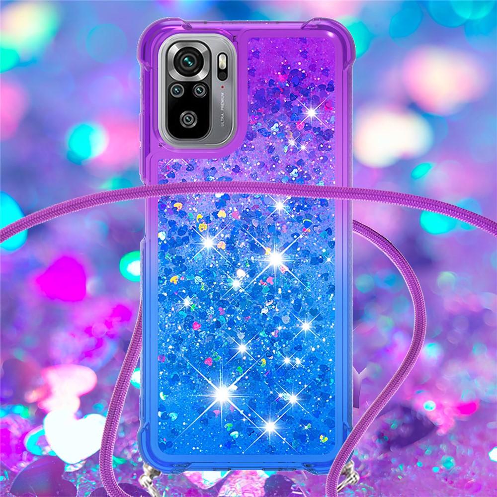 Dynamic Glitter Powder Sequins Quicksand TPU Shell Case with Strap for Xiaomi Redmi Note 10S / Note 10 4G - Purple/Blue-4