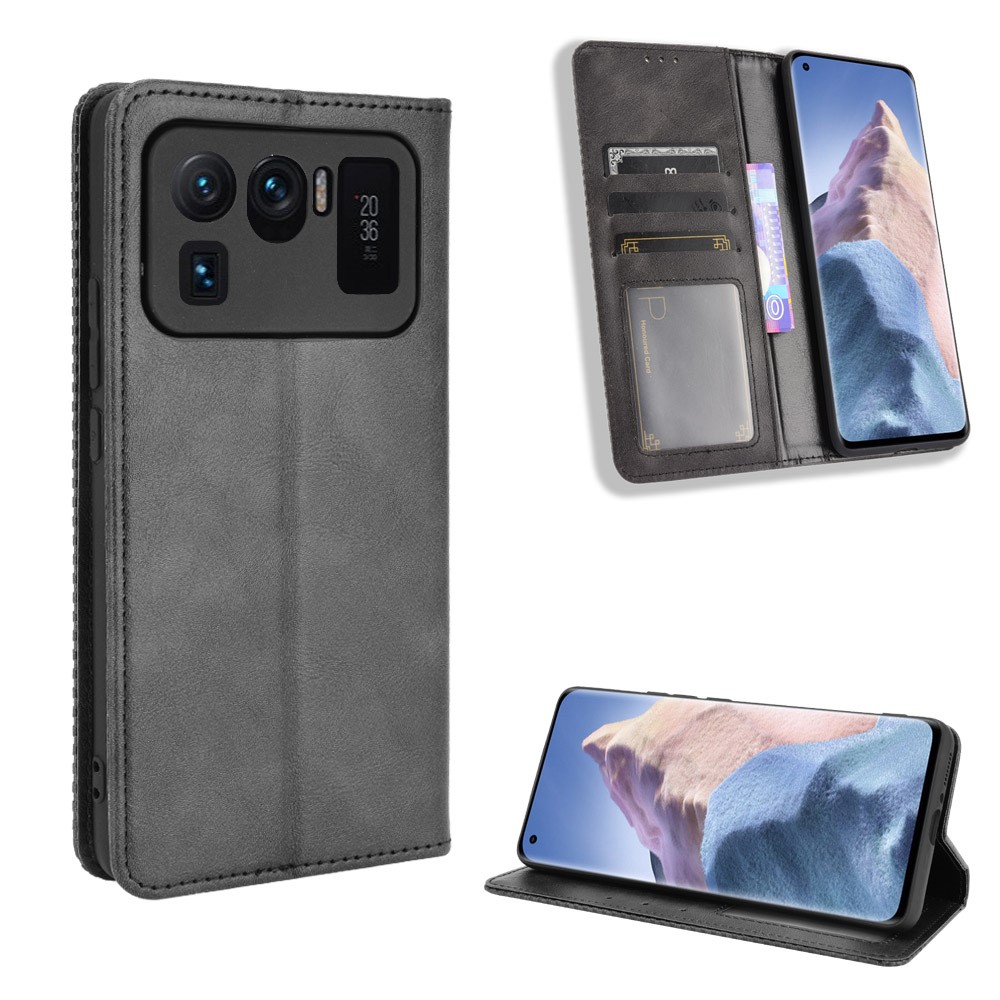 Magnetic Closure Vintage Style Phone Case Wallet Stand Leather Cover for Xiaomi Mi 11 Ultra - Black-8