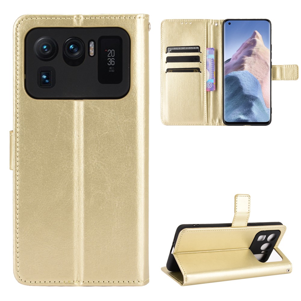 Crazy Horse Wallet Stand Leather Case with Strap for Xiaomi Mi 11 Ultra - Gold-9