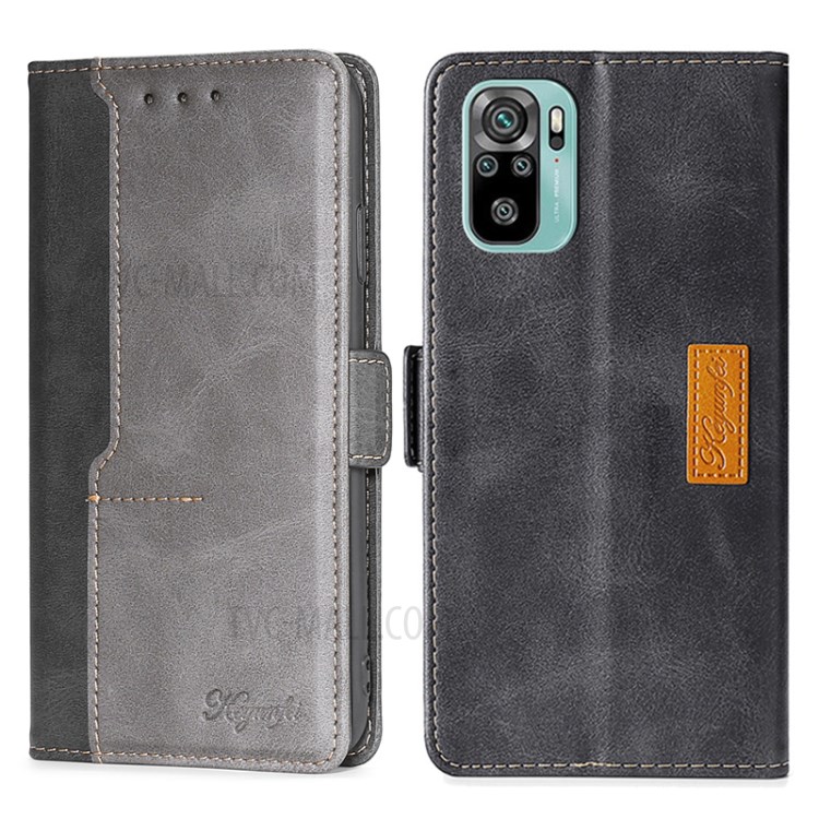 Color Splicing Card Slot Stand Case PU Leather Flip Case with Side Buckle for Xiaomi Redmi Note 10 4G / Note 10S - Black/Grey-1