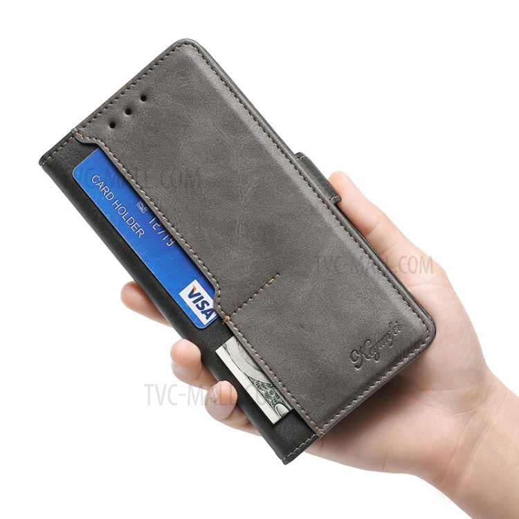 Color Splicing Card Slot Stand Case PU Leather Flip Case with Side Buckle for Xiaomi Redmi Note 10 4G / Note 10S - Black/Grey-6