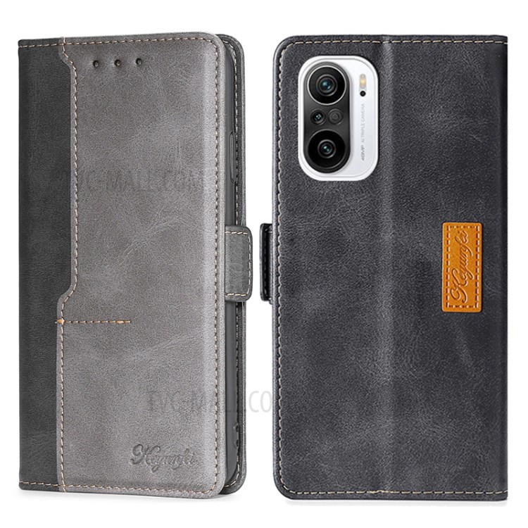 Color Splicing Card Slot Stand Case PU Leather Flip Case with Side Buckle for Xiaomi Redmi K40/Redmi K40 Pro/Poco F3/Mi 11i - Black/Grey-1