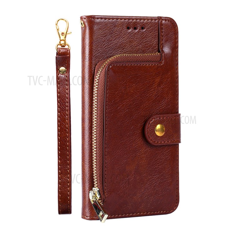 Full Protection Leather Wallet Phone Case with Zipper Pocket for Xiaomi Redmi Note 10 4G/Note 10S - Brown-1