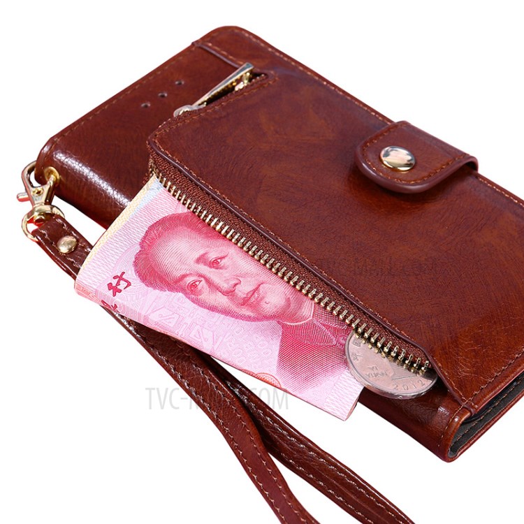 Full Protection Leather Wallet Phone Case with Zipper Pocket for Xiaomi Redmi Note 10 4G/Note 10S - Brown-11