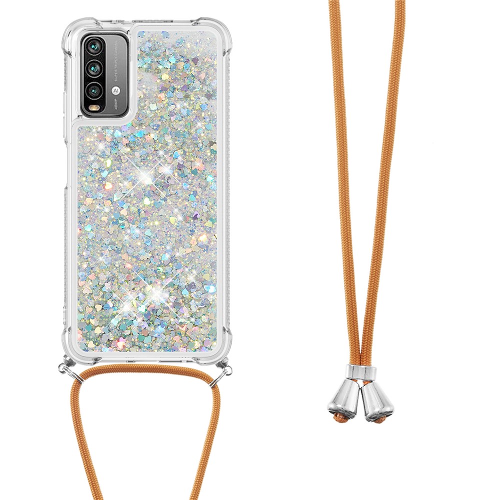 Quicksand Glitter Sequins TPU Phone Case Protector with Strap for Xiaomi Poco M3/Redmi 9 Power/Redmi 9T/Redmi Note 9 4G (Qualcomm Snapdragon 662) - Silver Heart-2