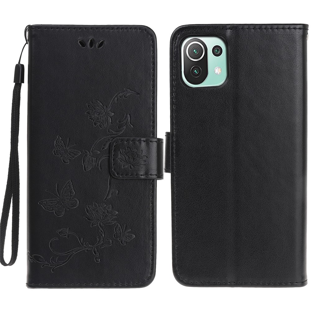 Imprint Butterfly Flower Wallet Stand Leather Cover Phone Case for Xiaomi Mi 11 Lite 5G / 4G - Black-1