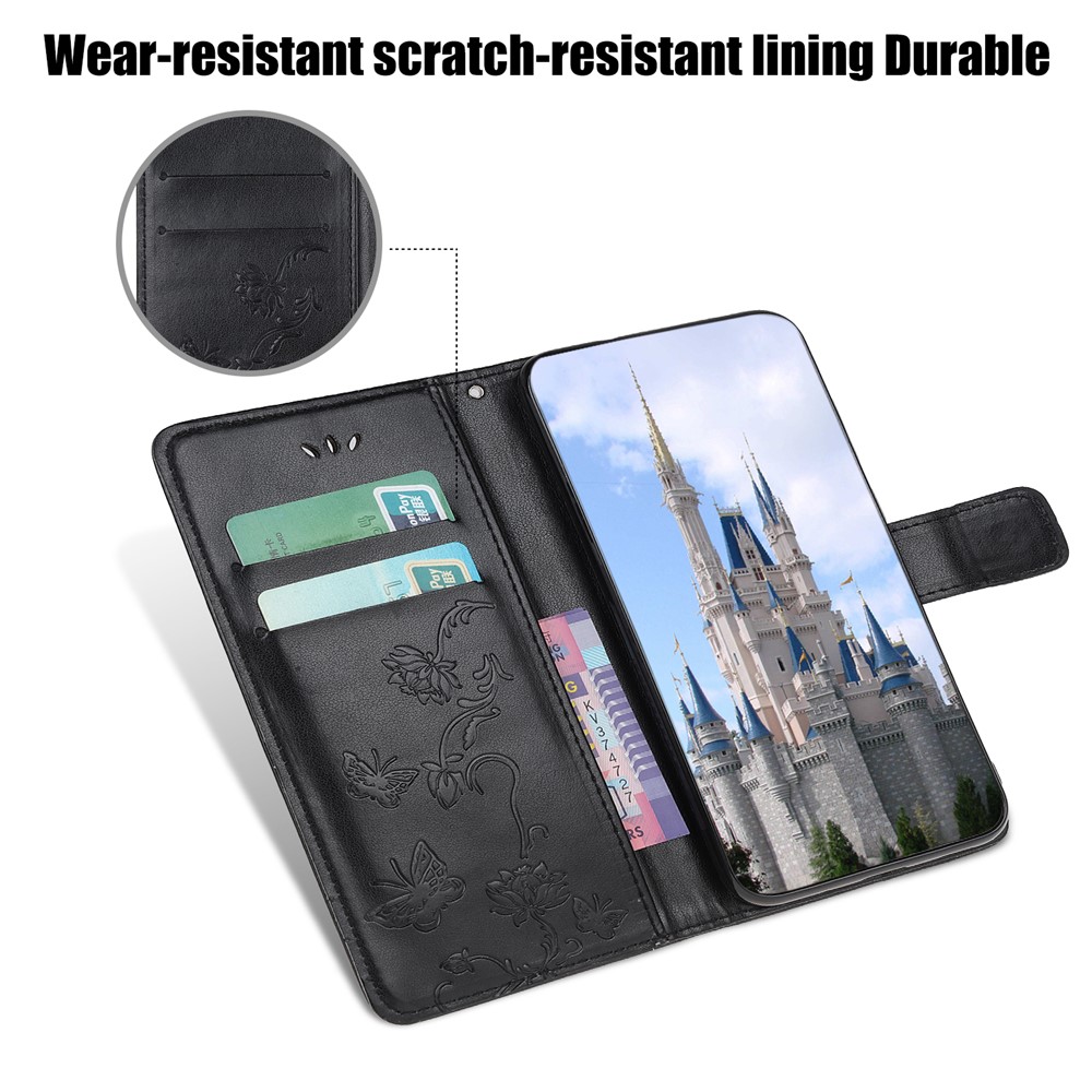 Imprint Butterfly Flower Wallet Stand Leather Cover Phone Case for Xiaomi Mi 11 Lite 5G / 4G - Black-9