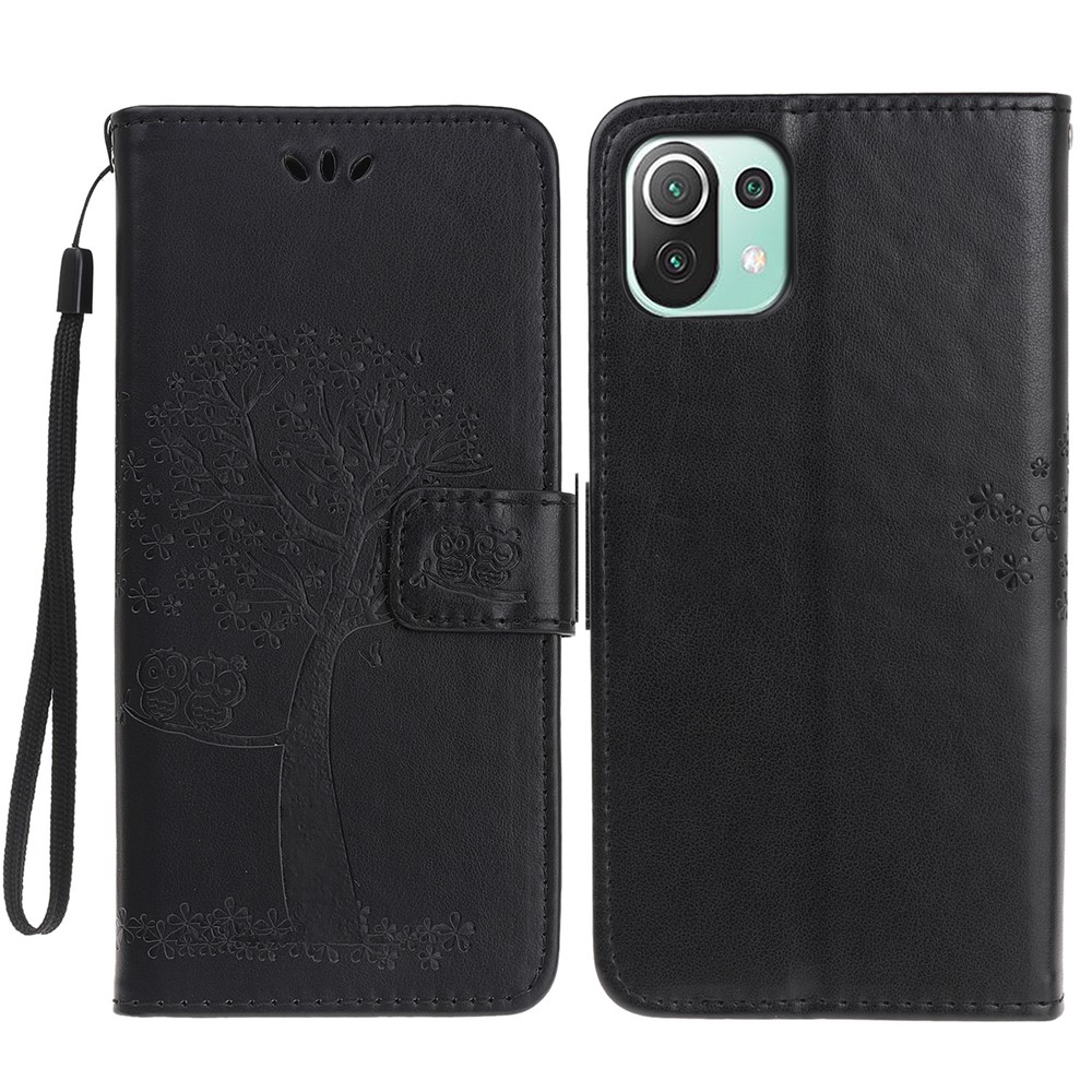 Imprint Tree Owl Pattern Wallet Leather Full Body Case for Xiaomi Mi 11 Lite 5G / 4G - Black-1