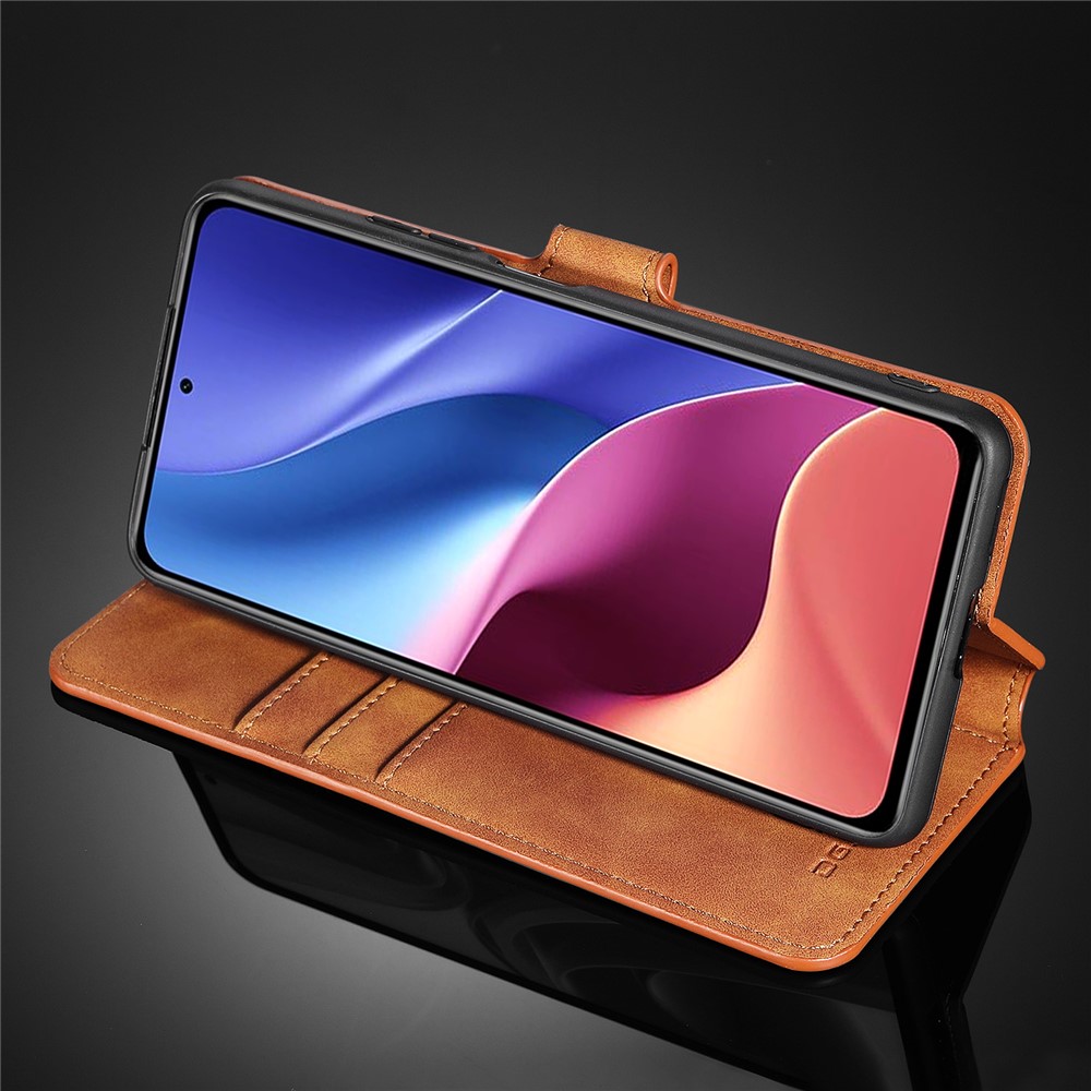 DG.MING Full Protection Retro Style Leather Wallet Stand Cover for Xiaomi Redmi K40/K40 Pro/K40 Pro+/Mi 11i/Poco F3 - Brown-9