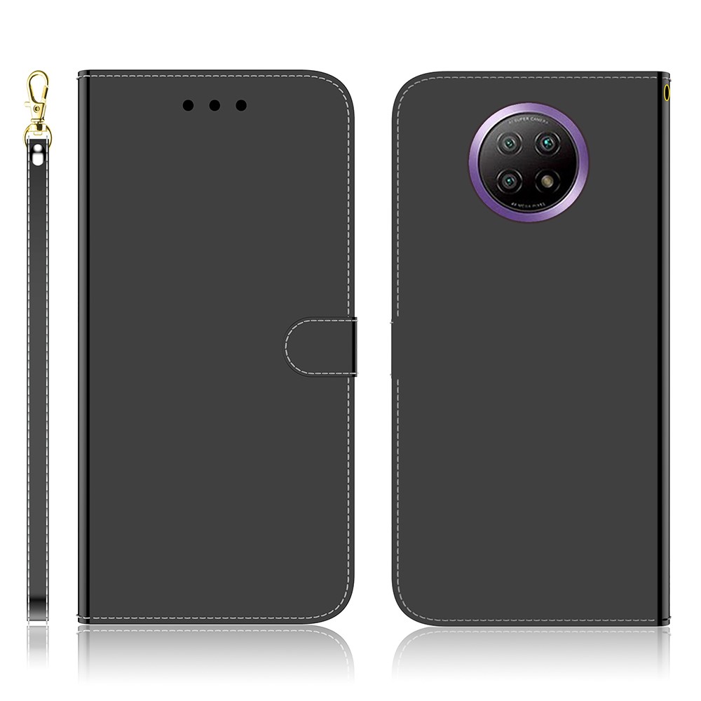 Wallet Design Mirror-like Surface Leather Stand Case with Wrist Strap for Xiaomi Redmi Note 9 5G/Note 9T 5G - Black-1