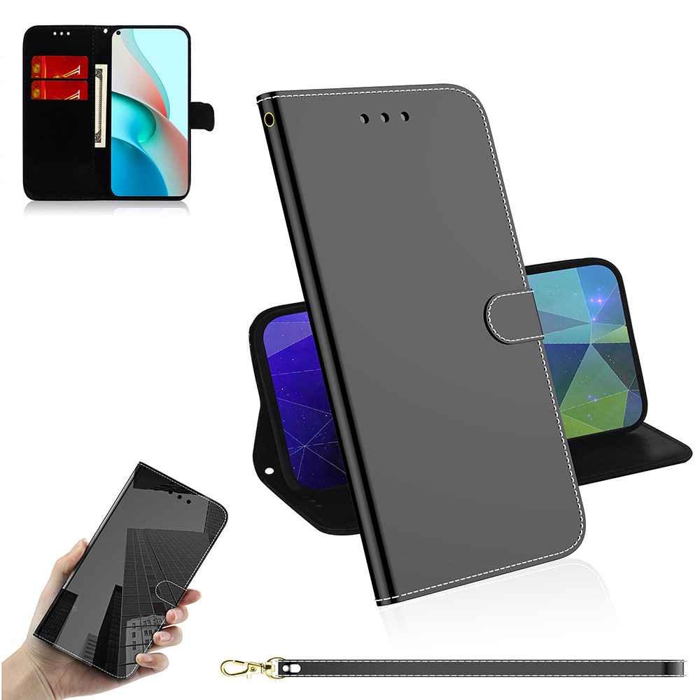 Wallet Design Mirror-like Surface Leather Stand Case with Wrist Strap for Xiaomi Redmi Note 9 5G/Note 9T 5G - Black-11