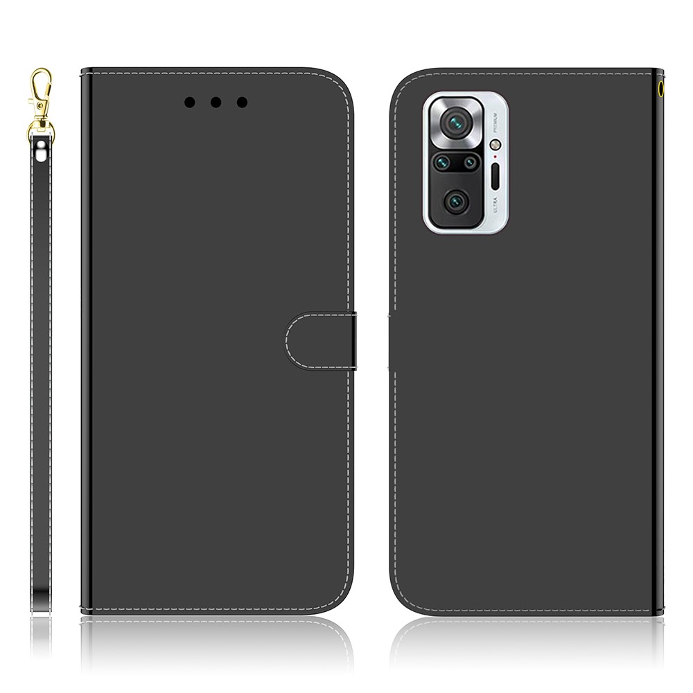 Wallet Design Mirror-like Surface Leather Stand Case with Wrist Strap for Xiaomi Redmi Note 10 Pro/Note 10 Pro Max - Black-1