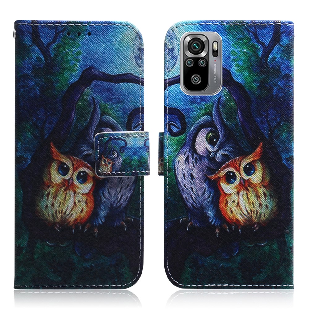 Pattern Printing Leather Protective Stand Shell Case with Wallet Design for Xiaomi Redmi Note 10 4G/Note 10S - Owl-1