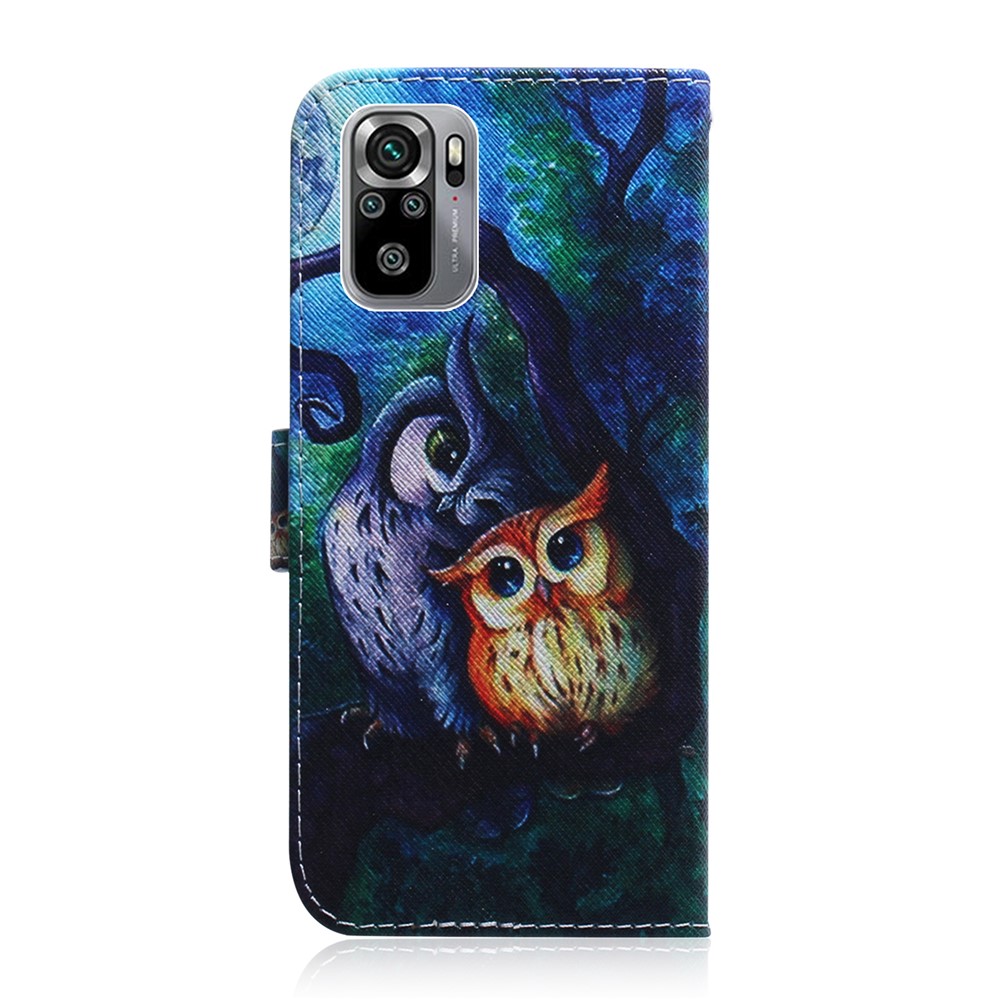 Pattern Printing Leather Protective Stand Shell Case with Wallet Design for Xiaomi Redmi Note 10 4G/Note 10S - Owl-2
