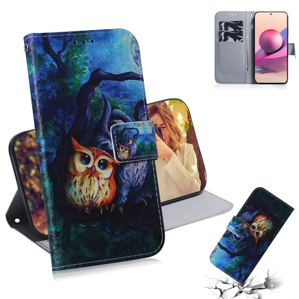 Pattern Printing Leather Protective Stand Shell Case with Wallet Design for Xiaomi Redmi Note 10 4G/Note 10S - Owl-9
