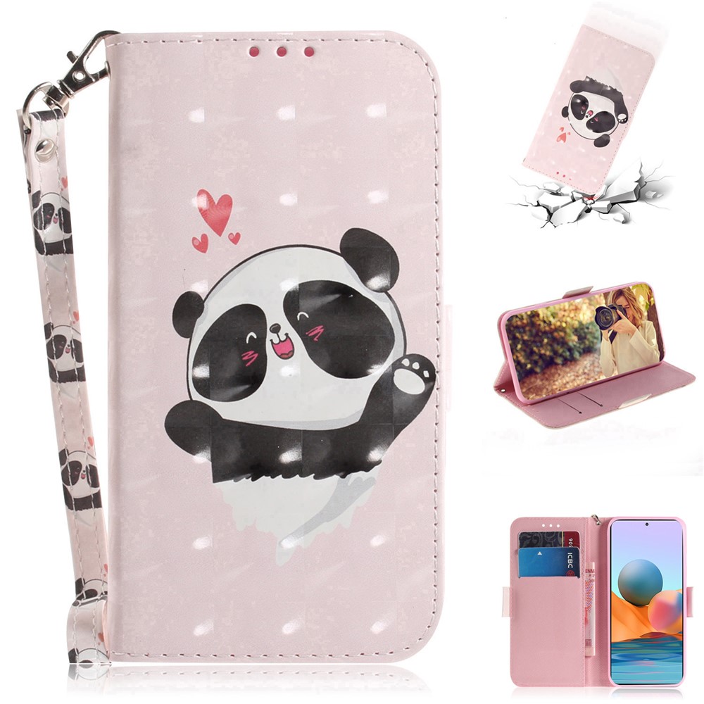 3D Pattern Printing PU Leather Wallet Stand Phone Protection Cover Case for Xiaomi Redmi Note 10 Pro - Cute Panda-7