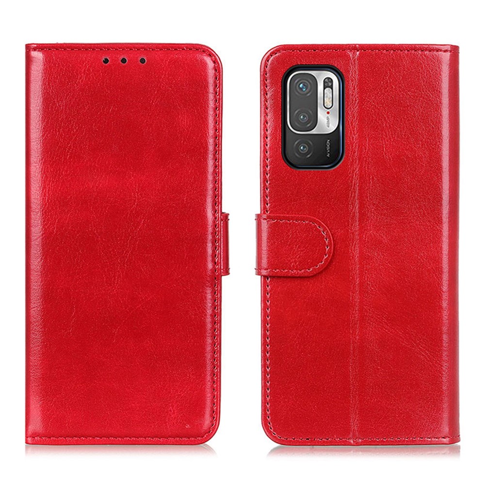 Crazy Horse Texture Wallet Stand PU Leather Phone Case Shell for Xiaomi Redmi Note 10 5G - Red-1