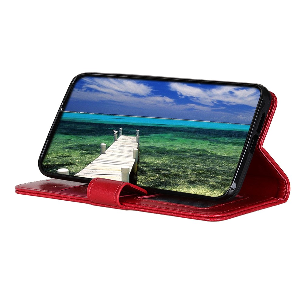Crazy Horse Texture Wallet Stand PU Leather Phone Case Shell for Xiaomi Redmi Note 10 5G - Red-4