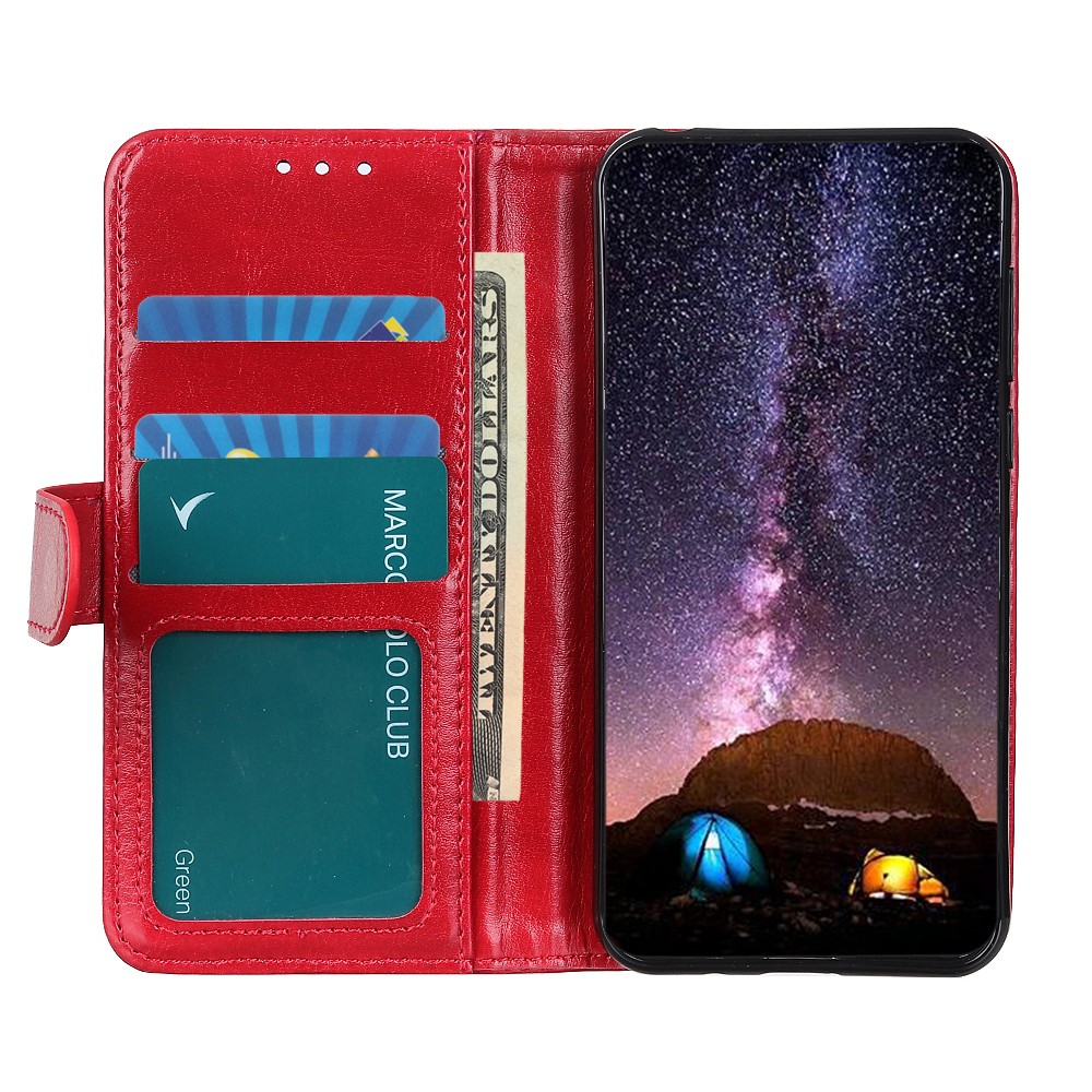 Crazy Horse Texture Wallet Stand PU Leather Phone Case Shell for Xiaomi Redmi Note 10 5G - Red-5