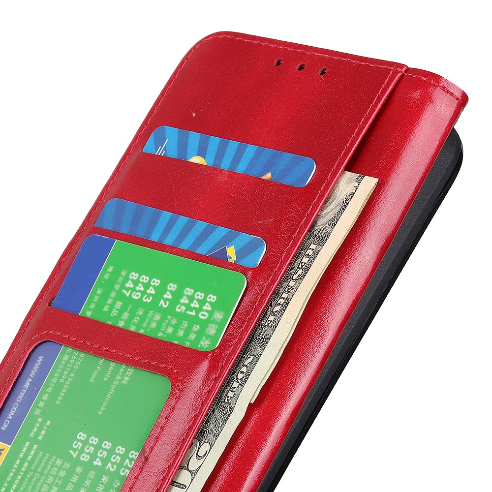 Crazy Horse Texture Wallet Stand PU Leather Phone Case Shell for Xiaomi Redmi Note 10 5G - Red-7