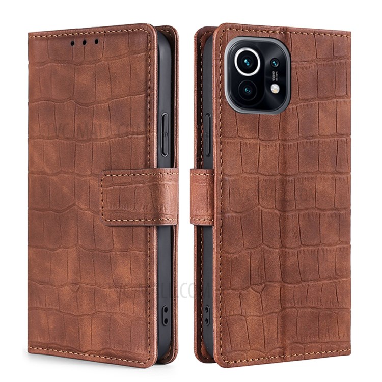 Quality Leather Crocodile Skin Texture Stand Wallet Case for Xiaomi Mi 11 - Brown-1