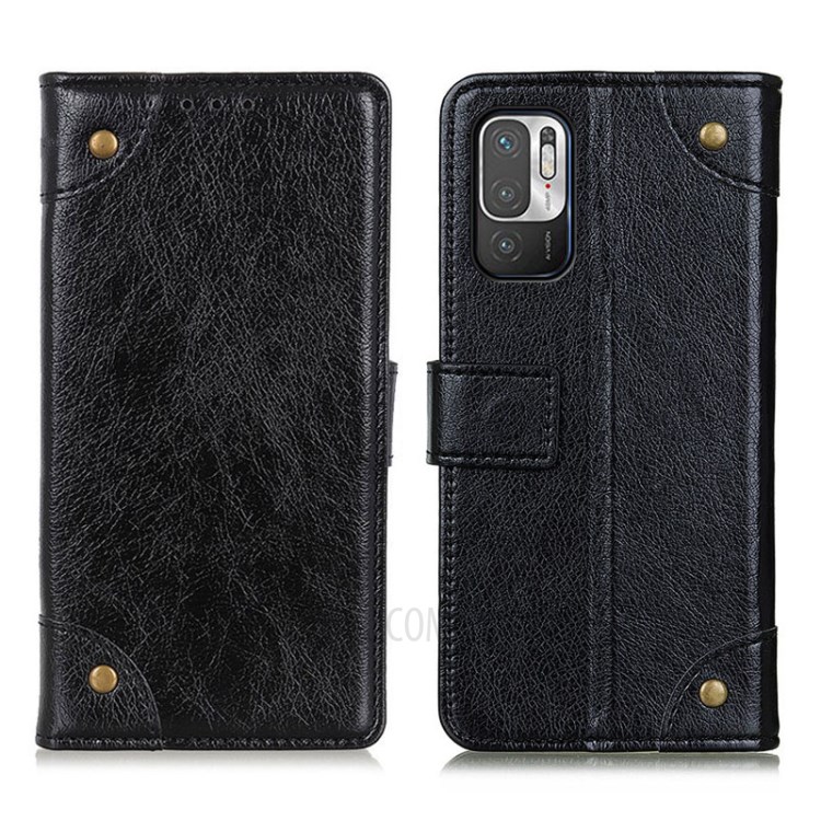 Brass Magnetic Buckle Wallet Design Nappa Texture Leather Cell Phone Case for Xiaomi Redmi Note 10 5G - Black-1