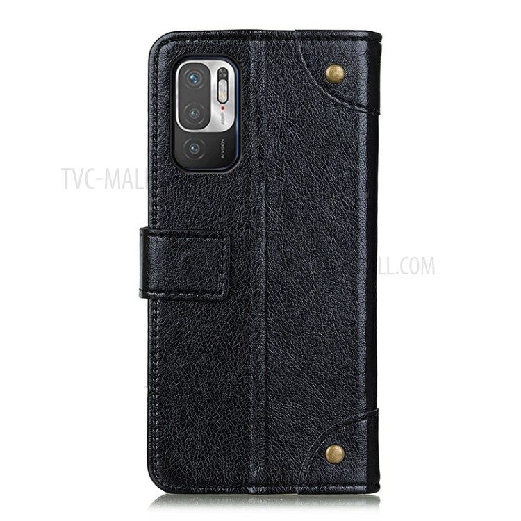 Brass Magnetic Buckle Wallet Design Nappa Texture Leather Cell Phone Case for Xiaomi Redmi Note 10 5G - Black-3