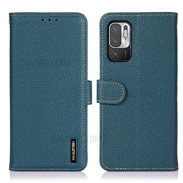 KHAZNEH Litchi Texture Top Layer Genuine Leather Wallet Shell Cell Phone Case for Xiaomi Redmi Note 10 5G - Green-1