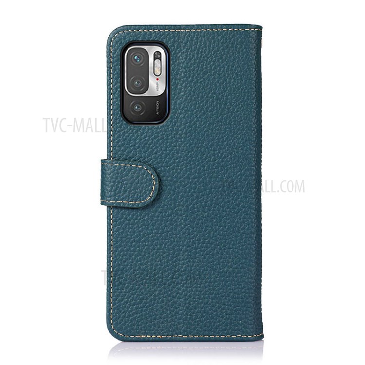 KHAZNEH Litchi Texture Top Layer Genuine Leather Wallet Shell Cell Phone Case for Xiaomi Redmi Note 10 5G - Green-3