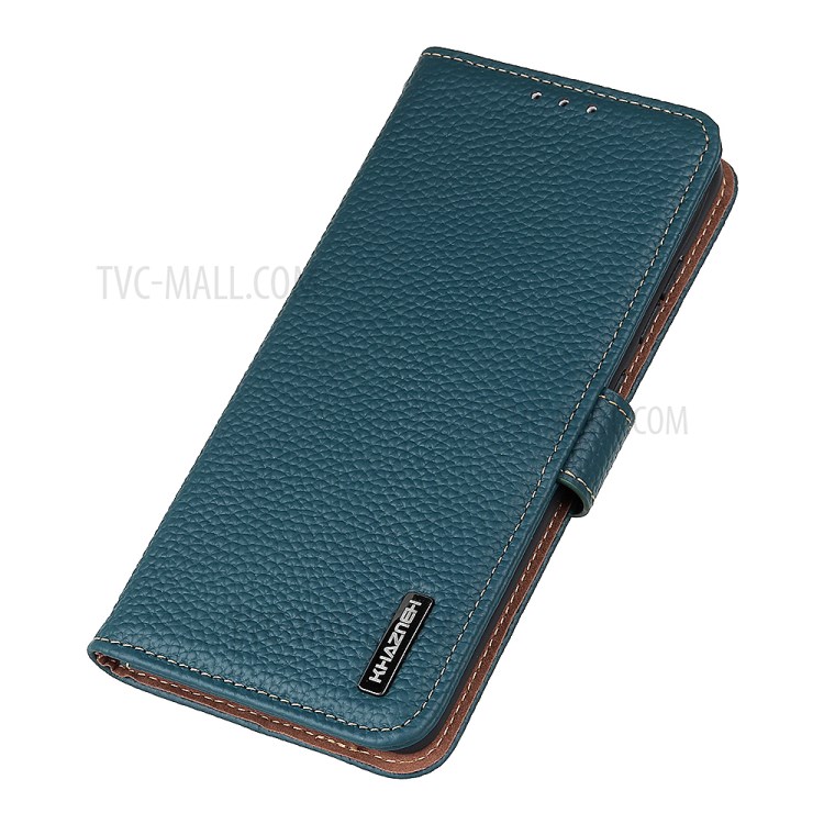 KHAZNEH Litchi Texture Top Layer Genuine Leather Wallet Shell Cell Phone Case for Xiaomi Redmi Note 10 5G - Green-7
