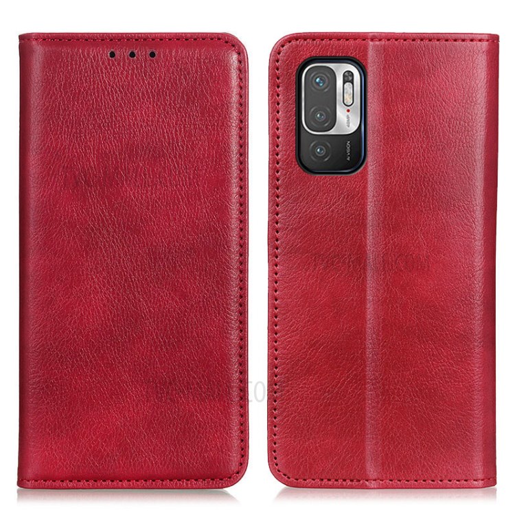 Litchi Texture Split Leather Auto-absorbed Case Stand Cover with Wallet for Xiaomi Redmi Note 10 5G - Red-1