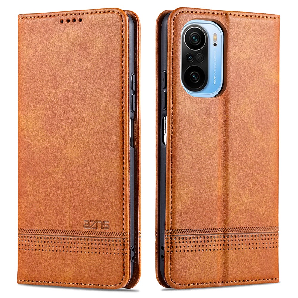 AZNS Auto-absorbed Magnet Well-Protected Full Protection Leather Stand Mobile Shell Case for Xiaomi Redmi K40/K40 Pro/Poco F3 - Brown-1