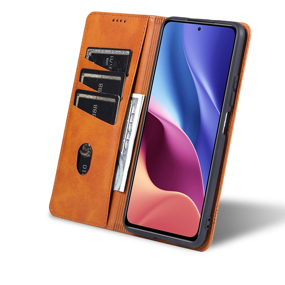 AZNS Auto-absorbed Magnet Well-Protected Full Protection Leather Stand Mobile Shell Case for Xiaomi Redmi K40/K40 Pro/Poco F3 - Brown-7