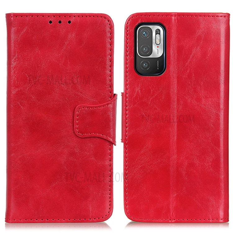 Crazy Horse Texture Split Leather Wallet Stand Shell Phone Protective Cover Case for Xiaomi Redmi Note 10 5G - Red-1