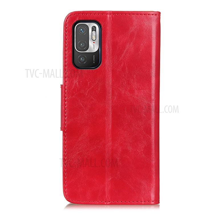 Crazy Horse Texture Split Leather Wallet Stand Shell Phone Protective Cover Case for Xiaomi Redmi Note 10 5G - Red-3