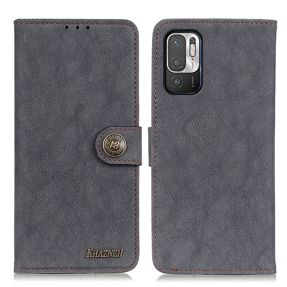 KHAZHEN Retro Sewing Line Design Wallet Stand Split Leather Phone Cover Case for Xiaomi Redmi Note 10 5G - Black-1