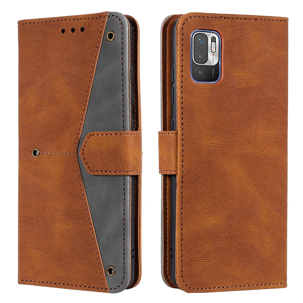 Skin-touch Splicing Stitching PU Leather Case Stand Protector Cover for Xiaomi Redmi Note 10 5G - Brown-1