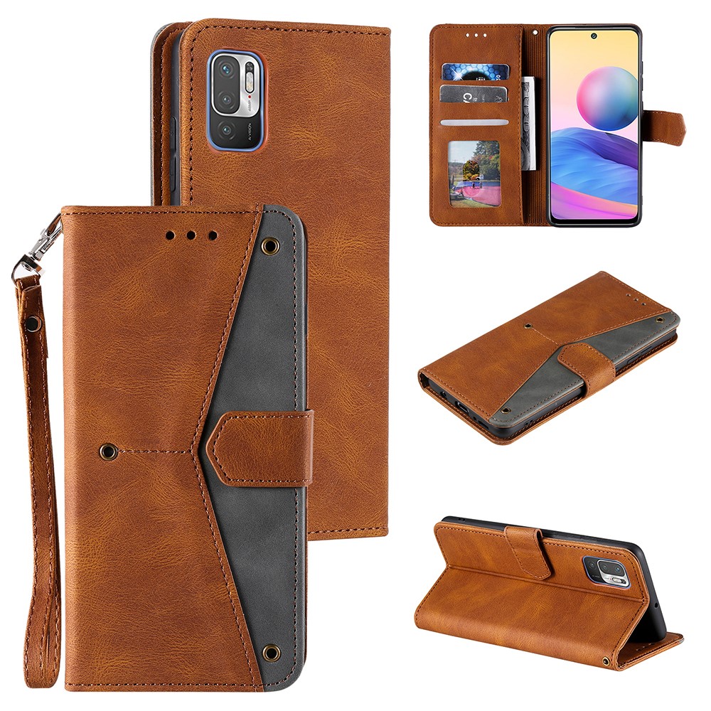 Skin-touch Splicing Stitching PU Leather Case Stand Protector Cover for Xiaomi Redmi Note 10 5G - Brown-8